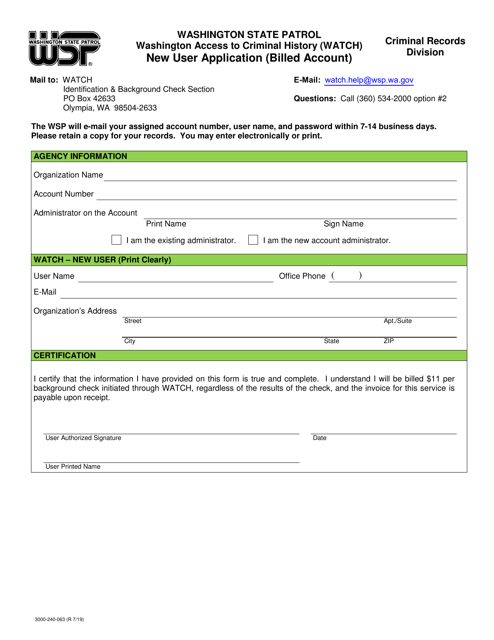 Form 3000-240-063 New User Application (Billed Account) - Washington