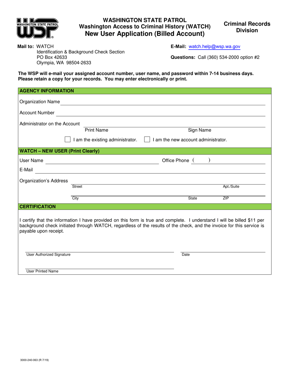 Form 3000-240-063 New User Application (Billed Account) - Washington, Page 1