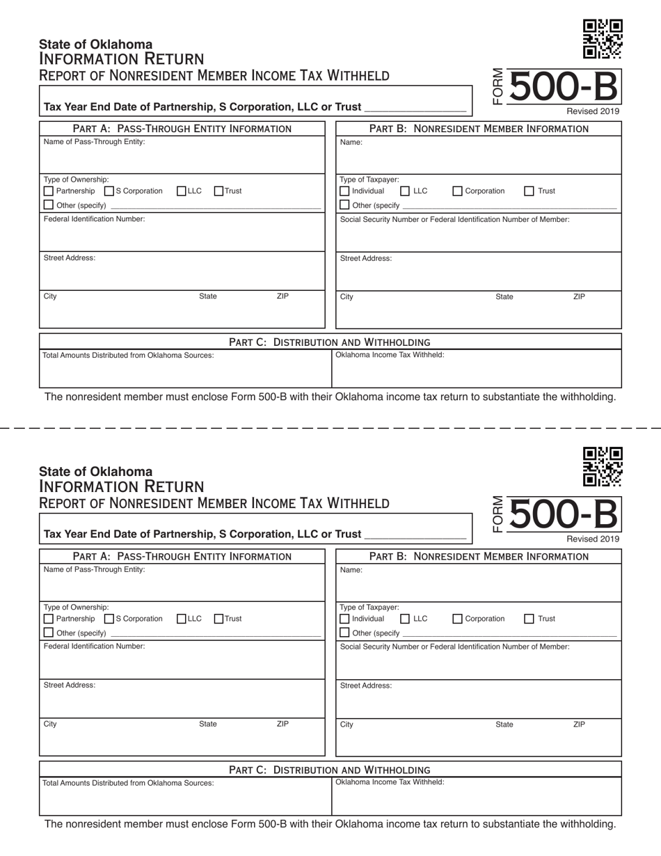 Form 500-B Information Return - Report of Nonresident Member Income Tax Withheld - Oklahoma, Page 1