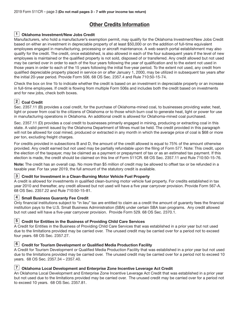 Form 511CR Other Credits Form - Oklahoma, Page 3