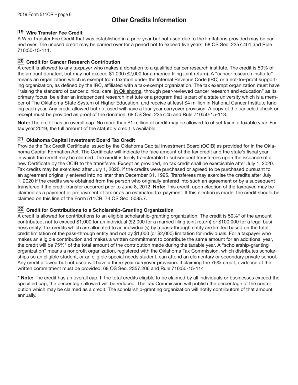 Form 511CR Other Credits Form - Oklahoma, Page 6
