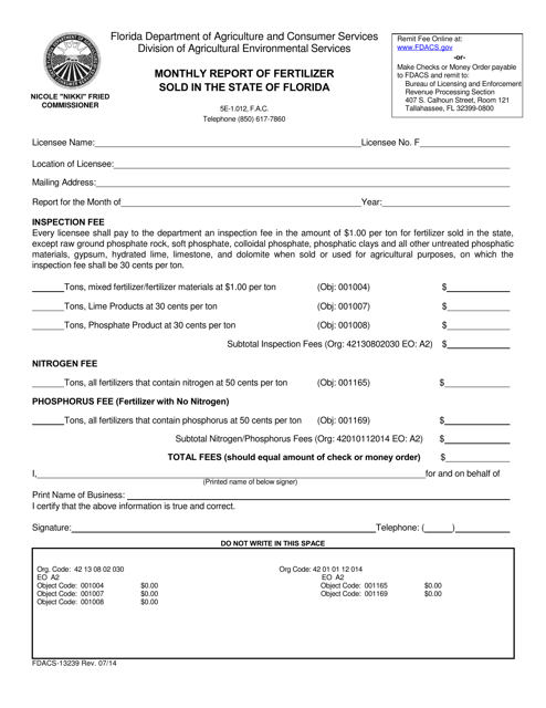 Form FDACS-13239 Monthly Report of Fertilizer Sold in the State of Florida - Florida