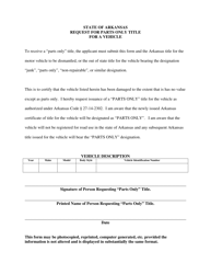 Document preview: Request for Parts Only Title for a Vehicle - Arkansas