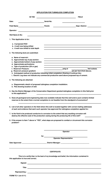 Form TC-1 Application for Tubingless Completion - Louisiana