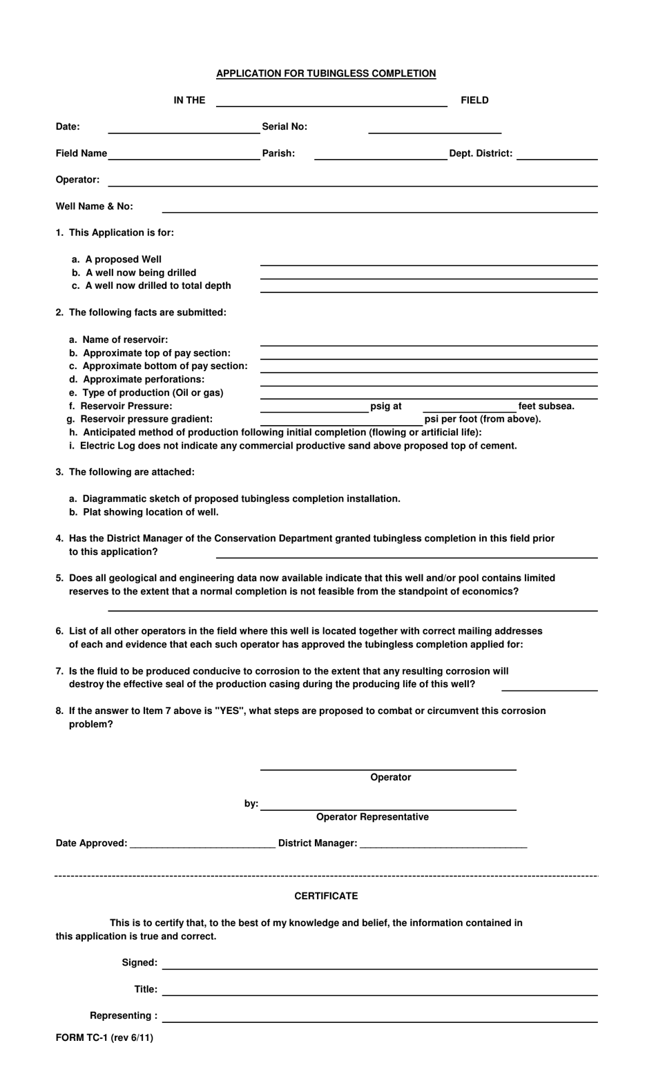 Form TC-1 Application for Tubingless Completion - Louisiana, Page 1