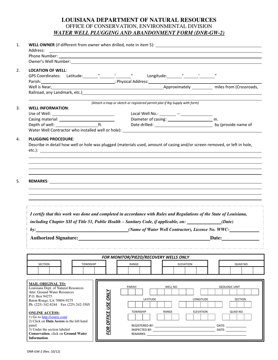 Form DNR-GW-2 Water Well Plugging and Abandonment Form - Louisiana, Page 1
