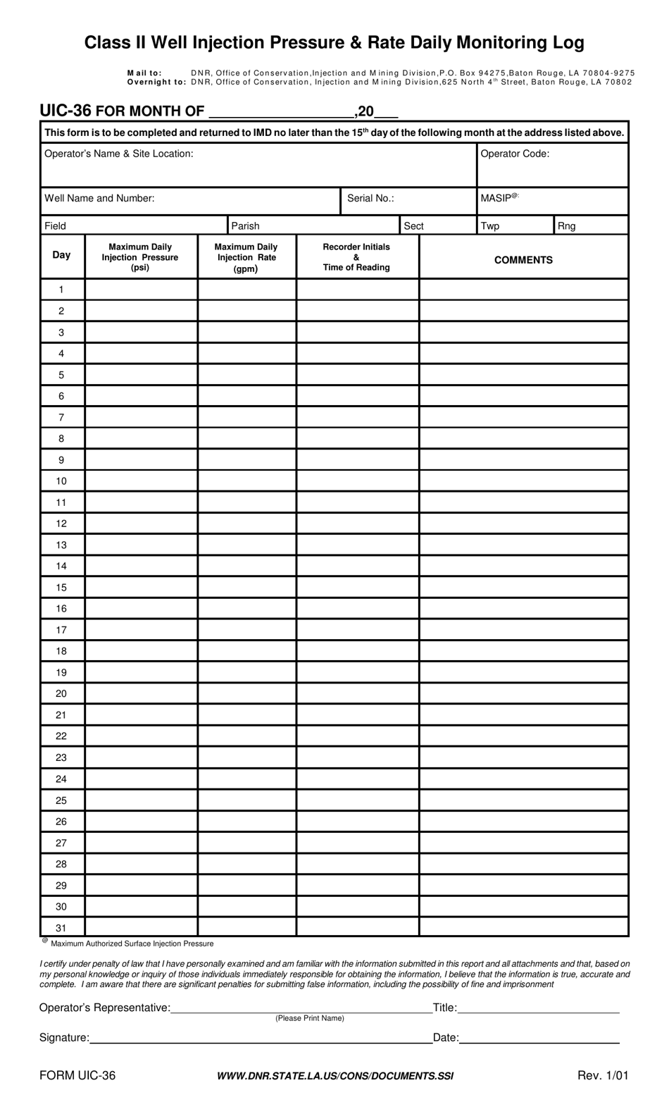 Form UIC-36 Class II Well Injection Pressure  Rate Daily Monitoring Log - Louisiana, Page 1