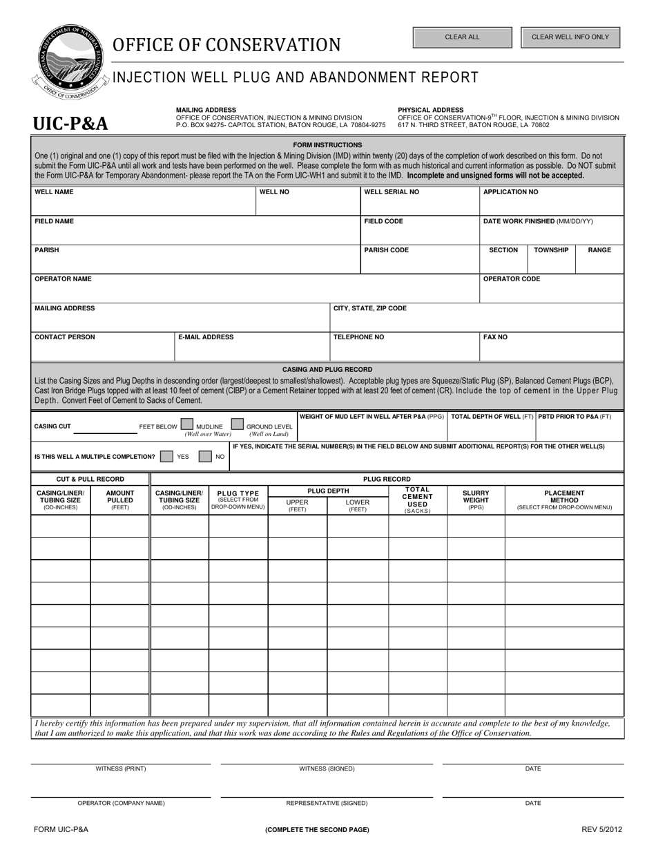 Form UIC-PA Injection Well Plug and Abandonment Report - Louisiana, Page 1