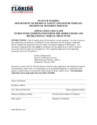 Form HSMV-84019 Application and Claim to Recover Compensation From the Mobile Home and Recreational Vehicle Trust Fund - Florida