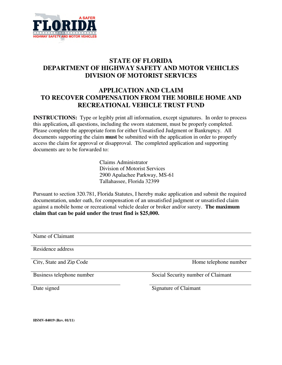 Form HSMV-84019 Application and Claim to Recover Compensation From the Mobile Home and Recreational Vehicle Trust Fund - Florida, Page 1