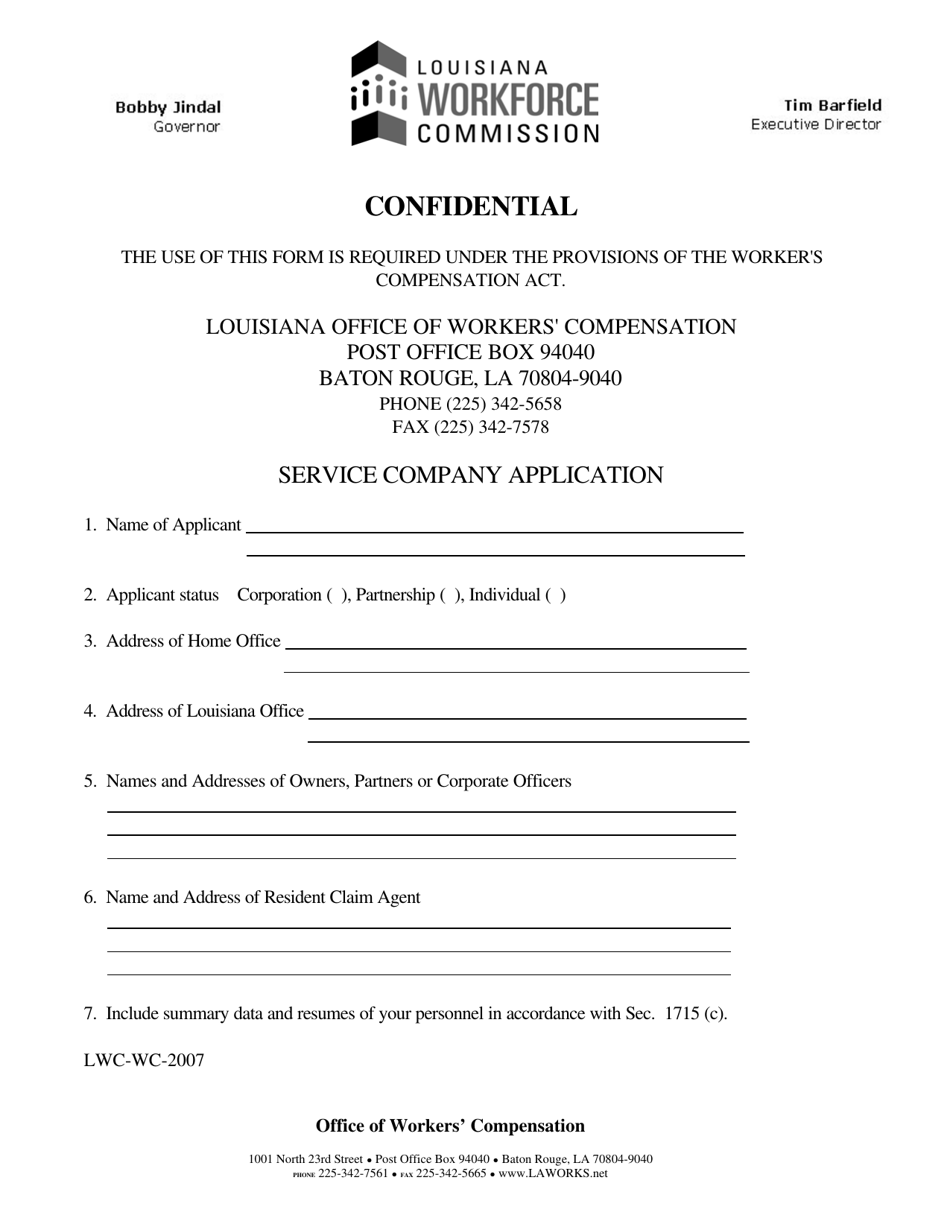 Form LWC-WC-2007 Service Company Application - Louisiana, Page 1