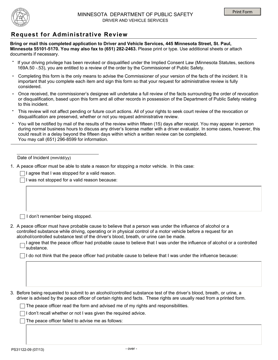 Form PS31122 Request for Administrative Review - Minnesota, Page 1