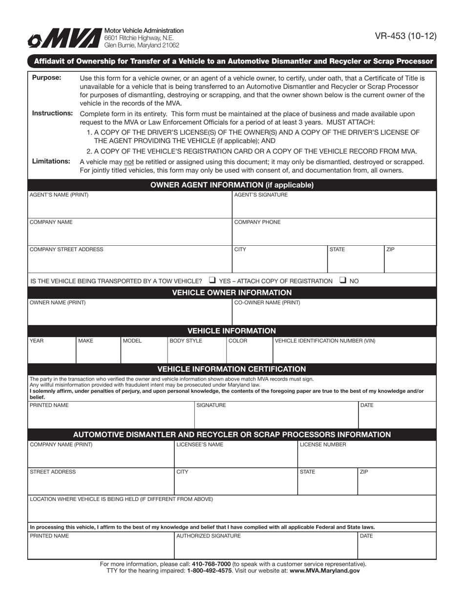Form VR-453 Affidavit of Ownership for Transfer of a Vehicle to an Automotive Dismantler and Recycler or Scrap Processor - Maryland, Page 1
