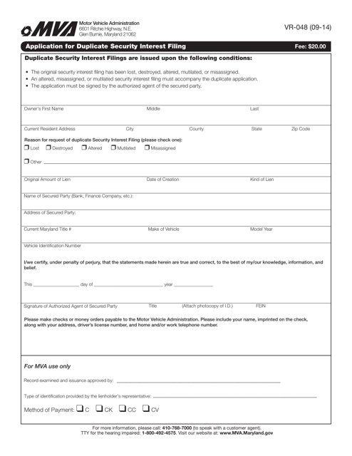 Form VR-048 Application for Duplicate Security Interest Filing - Maryland