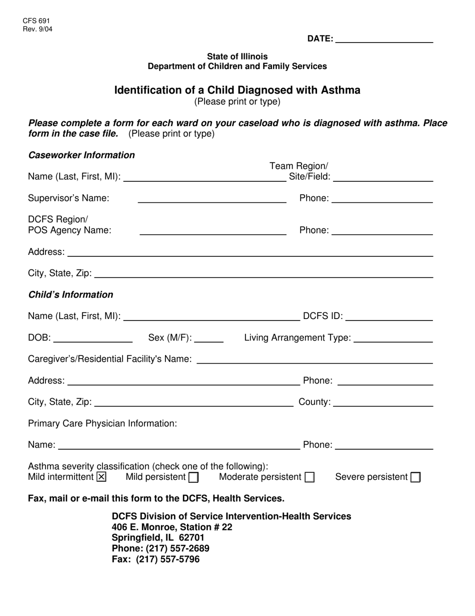 Form CFS691 Identification of a Child Diagnosed With Asthma - Illinois, Page 1