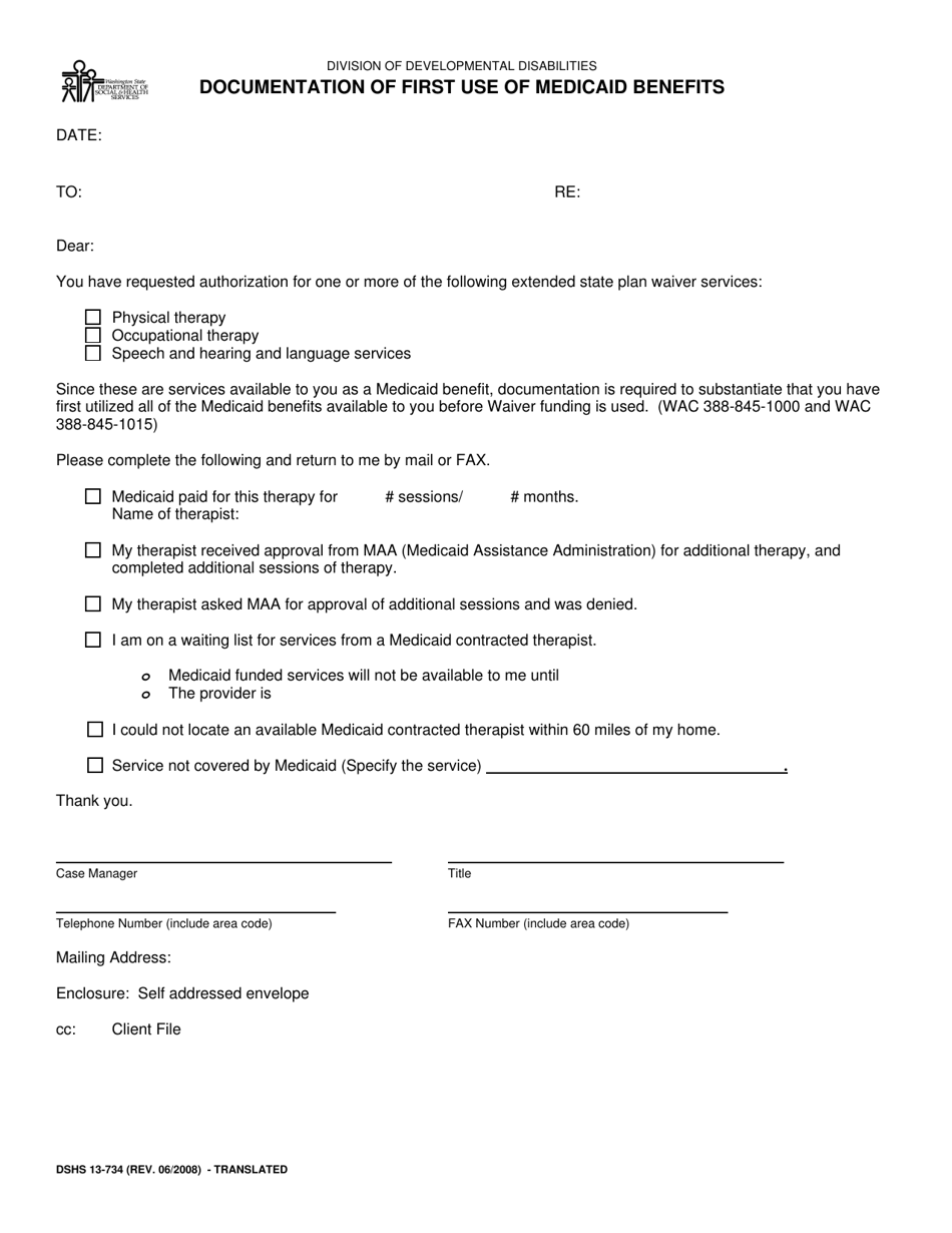 DSHS Form 13-734 Documentation of First Use of Medicaid Benefits - Washington, Page 1