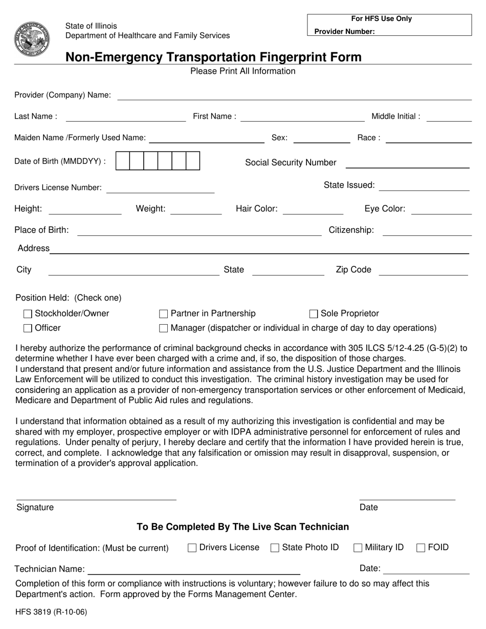Form HFS3819 Non-emergency Transportation Fingerprint Form - Illinois, Page 1