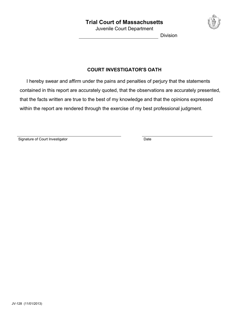 Form JV-128 Court Investigators Oath - Massachusetts, Page 1