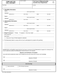 Document preview: Form JV-118 Complaint for Civil Contempt - Massachusetts