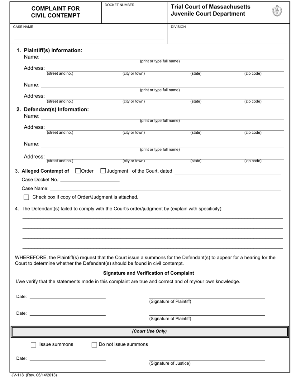 Form JV 118 Fill Out Sign Online And Download Fillable PDF   Form Jv 118 Complaint For Civil Contempt Massachusetts Print Big 