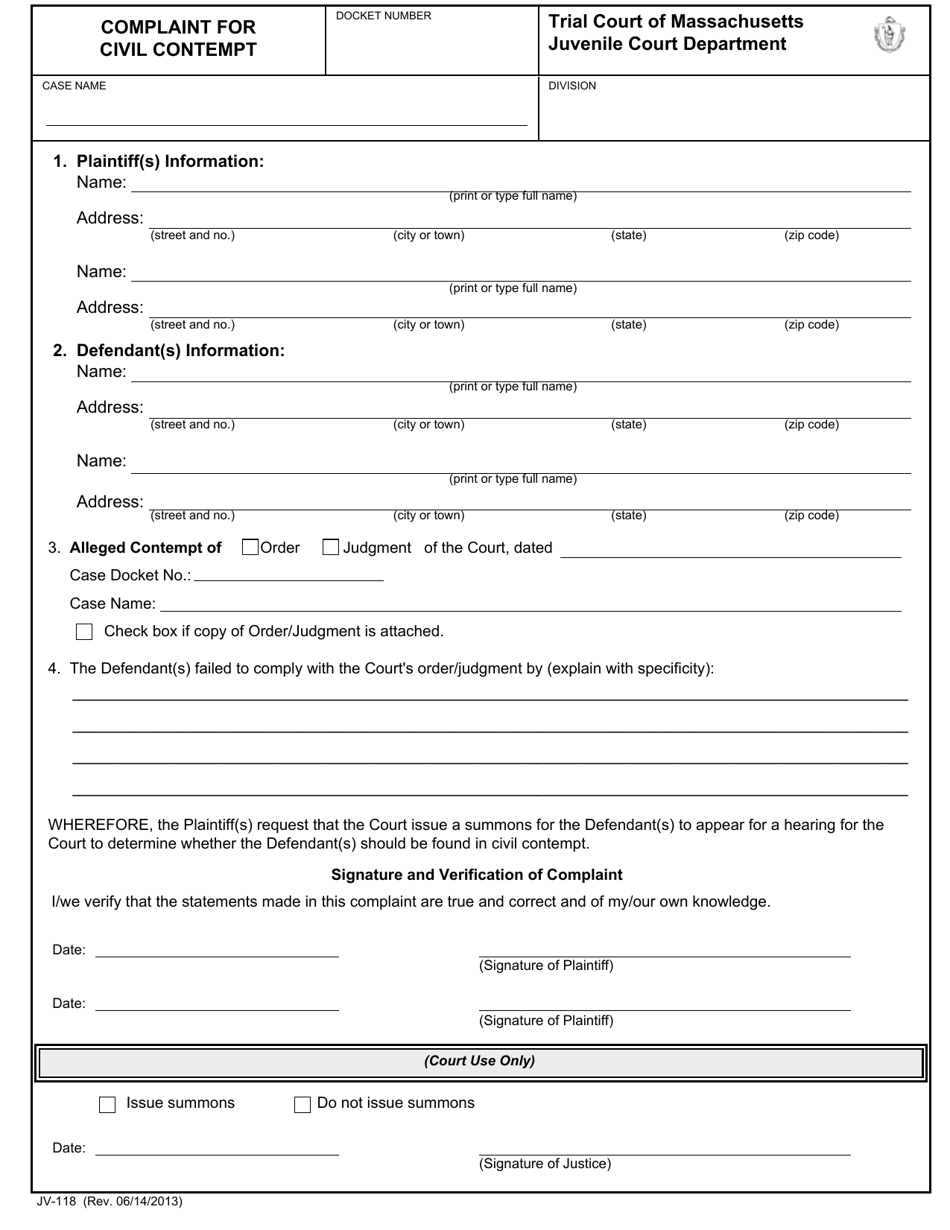 Form JV-118 Complaint for Civil Contempt - Massachusetts, Page 1