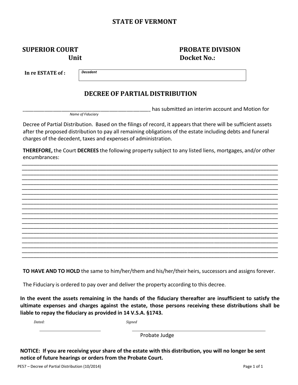 Form PE57 Decree of Partial Distribution - Vermont, Page 1