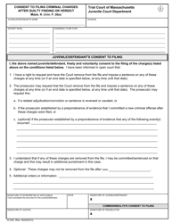 Document preview: Form JV-034 Consent to Filing Criminal Charges After Guilty Finding or Verdict - Massachusetts