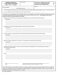 Document preview: Form JV-011 Defense Certificate of Discovery Compliance - Massachusetts