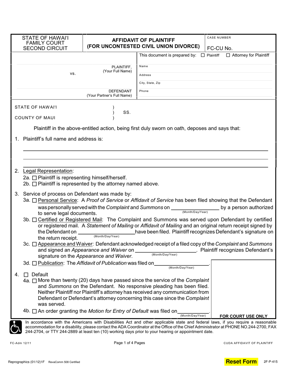 Form 2F-P-415 Affidavit of Plaintiff (For Uncontested Civil Union Divorce) - Hawaii, Page 1