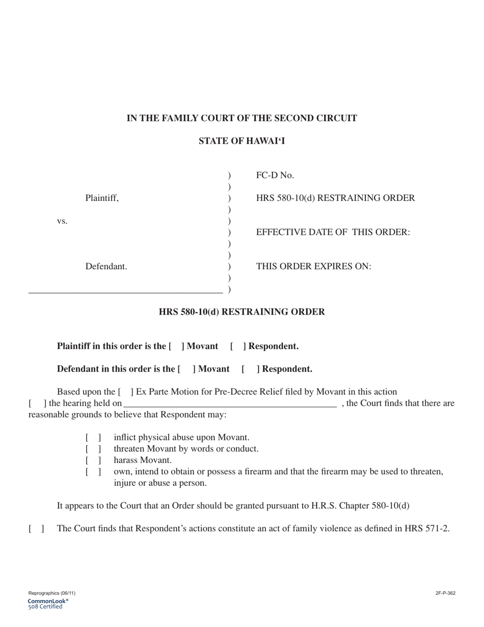 Form 2F-P-362 Hrs 580-10(D) Restraining Order - Hawaii, Page 1