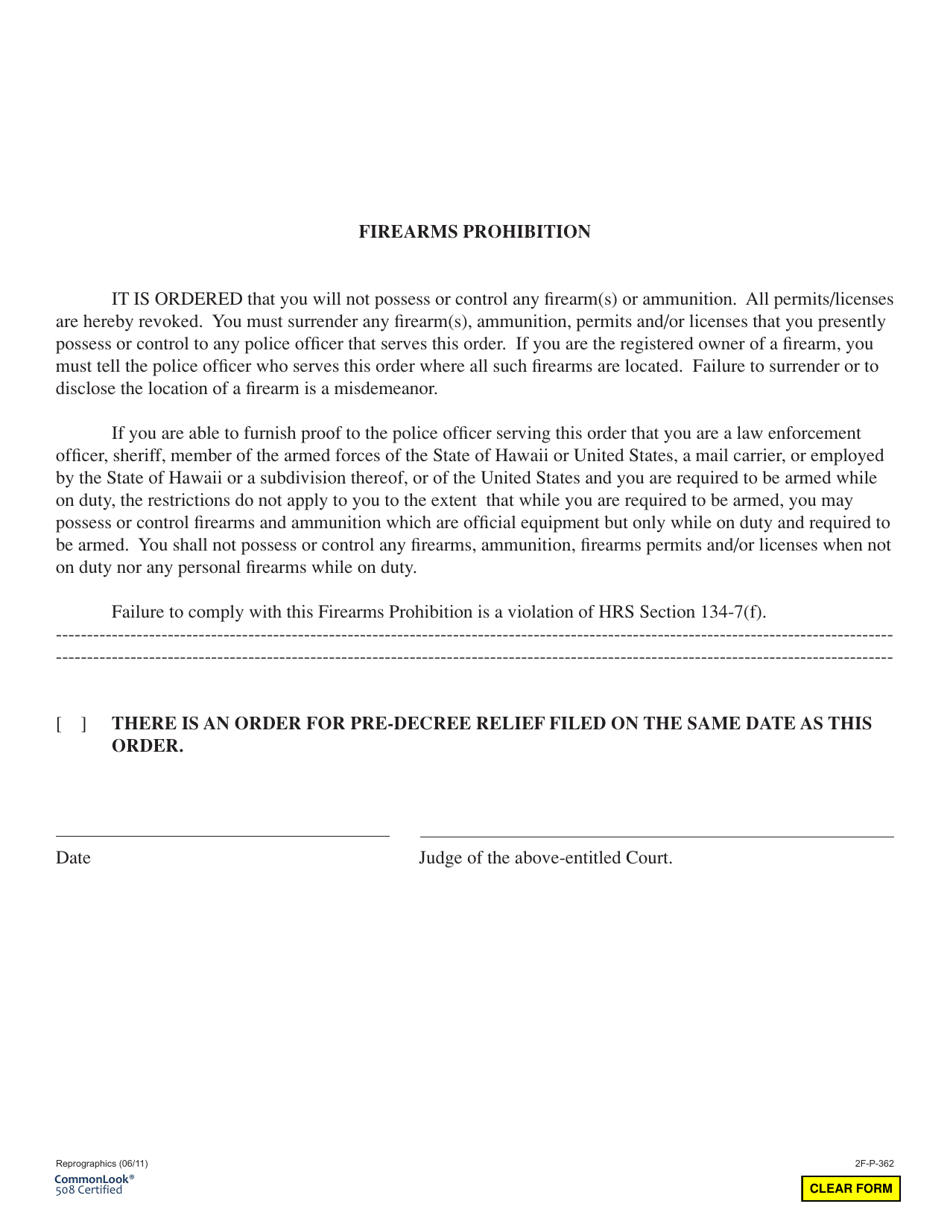 Form 2F-P-362 Hrs 580-10(D) Restraining Order - Hawaii, Page 3