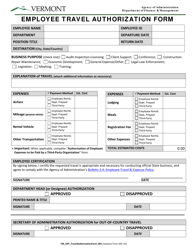 Employee Travel Authorization Form - Vermont, Page 2