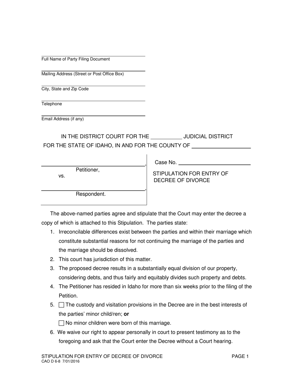 Form CAO D6-8 Stipulation for Entry of Decree of Divorce - Idaho, Page 1
