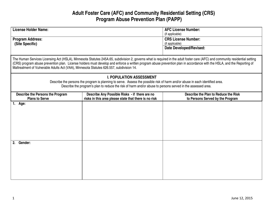 Adult Foster Care (Afc) and Community Residential Setting (Crs) Program Abuse Prevention Plan (Papp) - Minnesota, Page 1