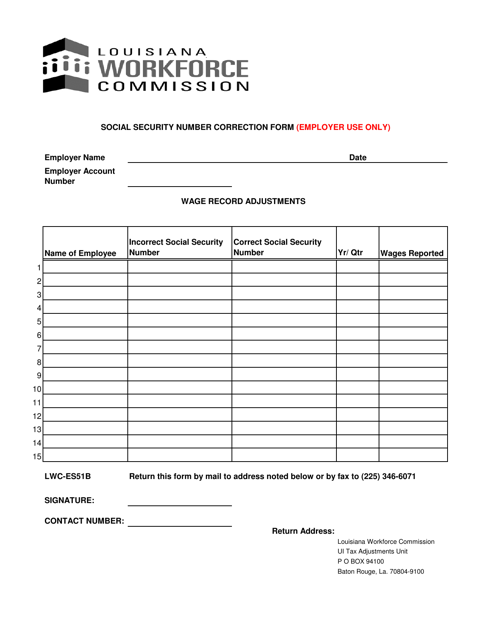Form LWC-ES51B Employer's Social Security Number Correction Form - Louisiana