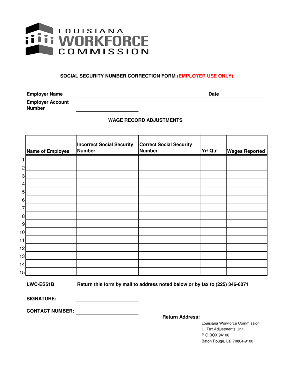 Form LWC-ES51B Employers Social Security Number Correction Form - Louisiana, Page 1