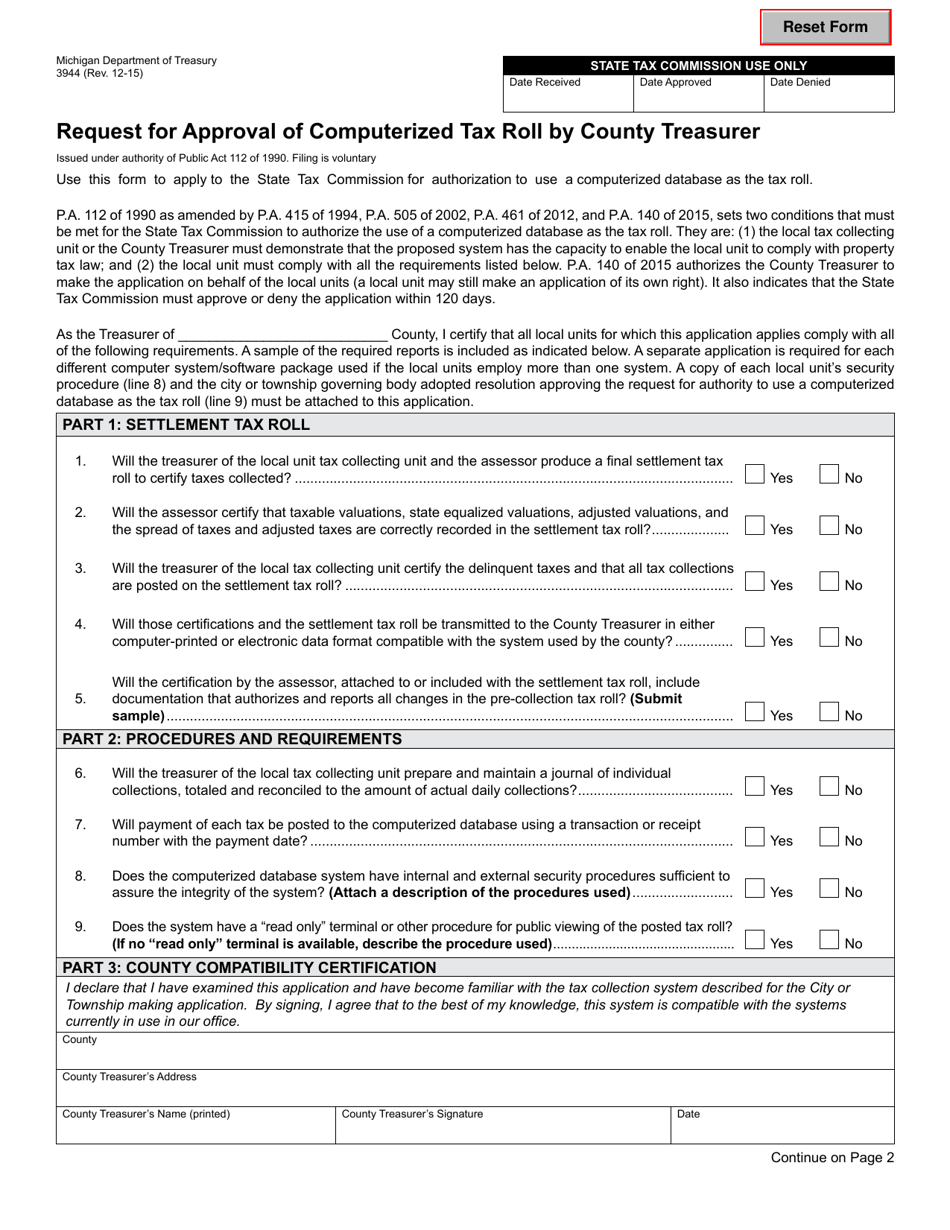 Form 3944 Request for Approval of Computerized Tax Roll by County Treasurer - Michigan, Page 1