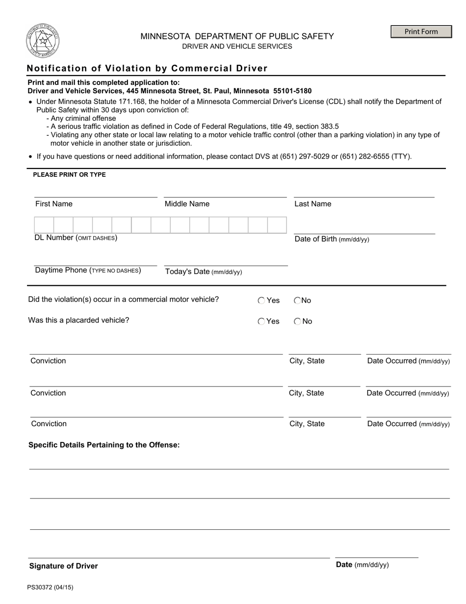 Form PS30372 Notification of Violation by Commercial Driver - Minnesota, Page 1