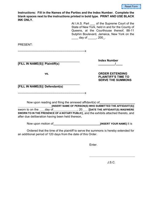 Order Extending Plaintiff&#039;s Time to Serve the Summons - Queens County, New York