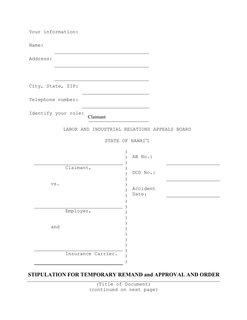 Form LIRAB9 Stipulation for Temporary Remand and Approval and Order - Hawaii