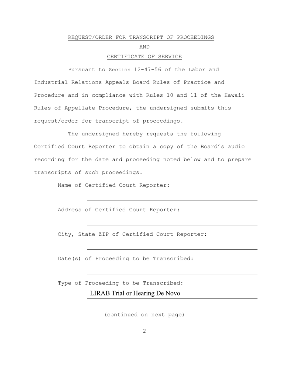 Form LIRAB12 Request / Order for Transcript of Proceedings and Approval and Order - Hawaii, Page 2