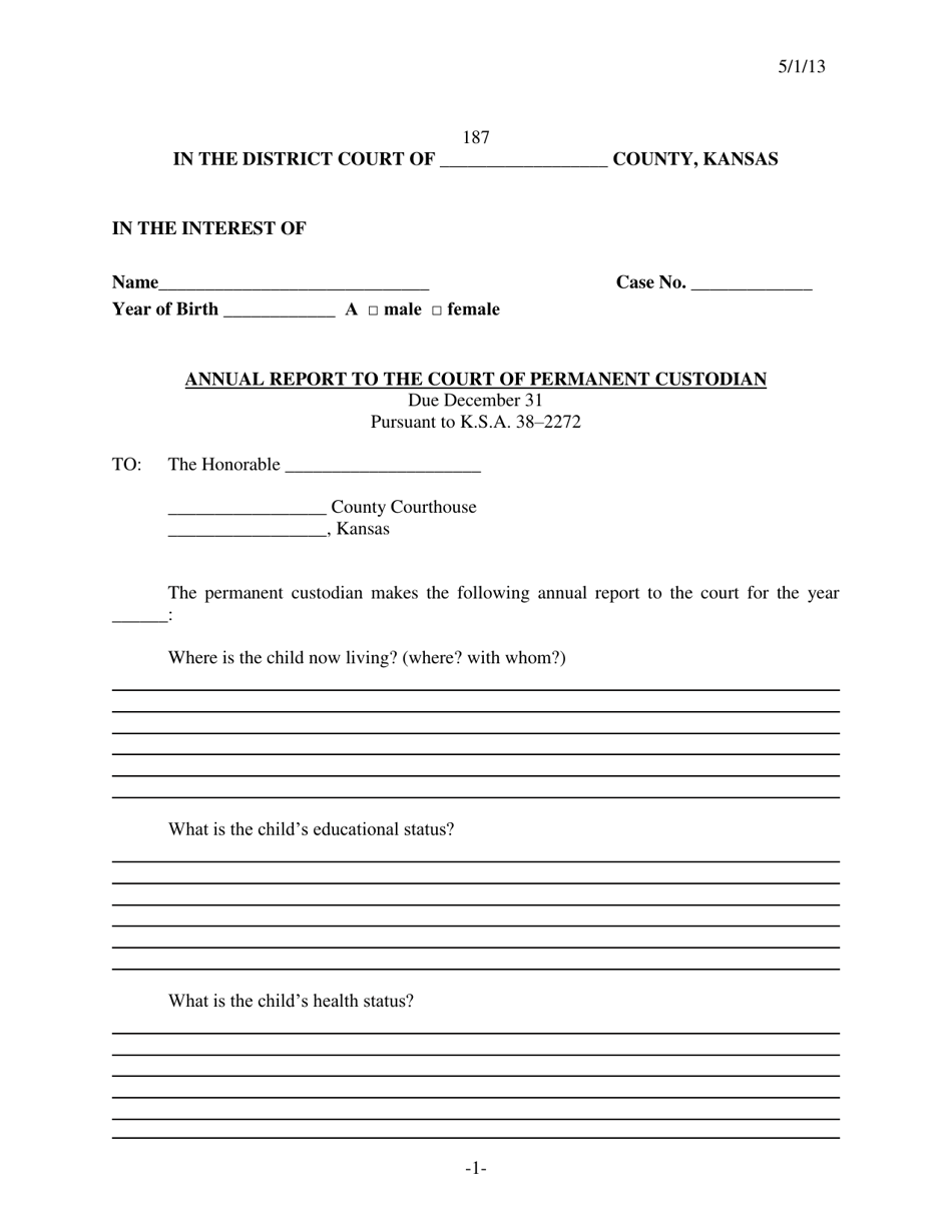 Form 187 Annual Report to the Court of Permanent Custodian - Kansas, Page 1
