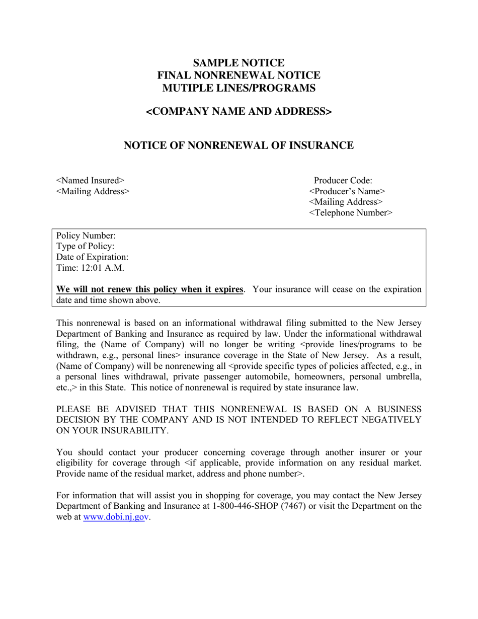 Sample Notice of Nonrenewal of Insurance - New Jersey, Page 1