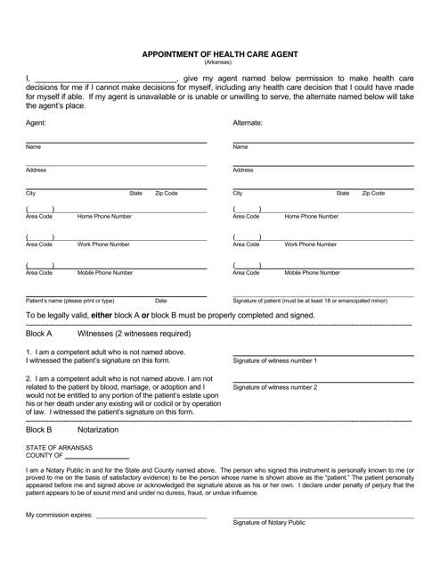 Appointment of Health Care Agent - Arkansas Download Pdf