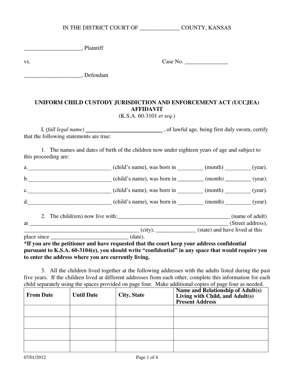 Uniform Child Custody Jurisdiction and Enforcement Act (Uccjea) Affidavit - Kansas, Page 1