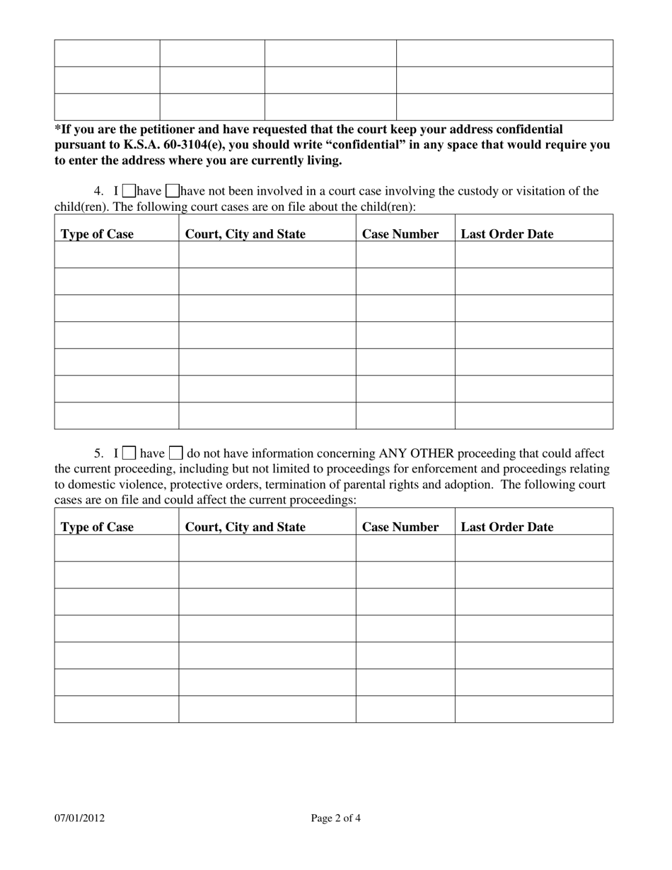 Uniform Child Custody Jurisdiction and Enforcement Act (Uccjea) Affidavit - Kansas, Page 2