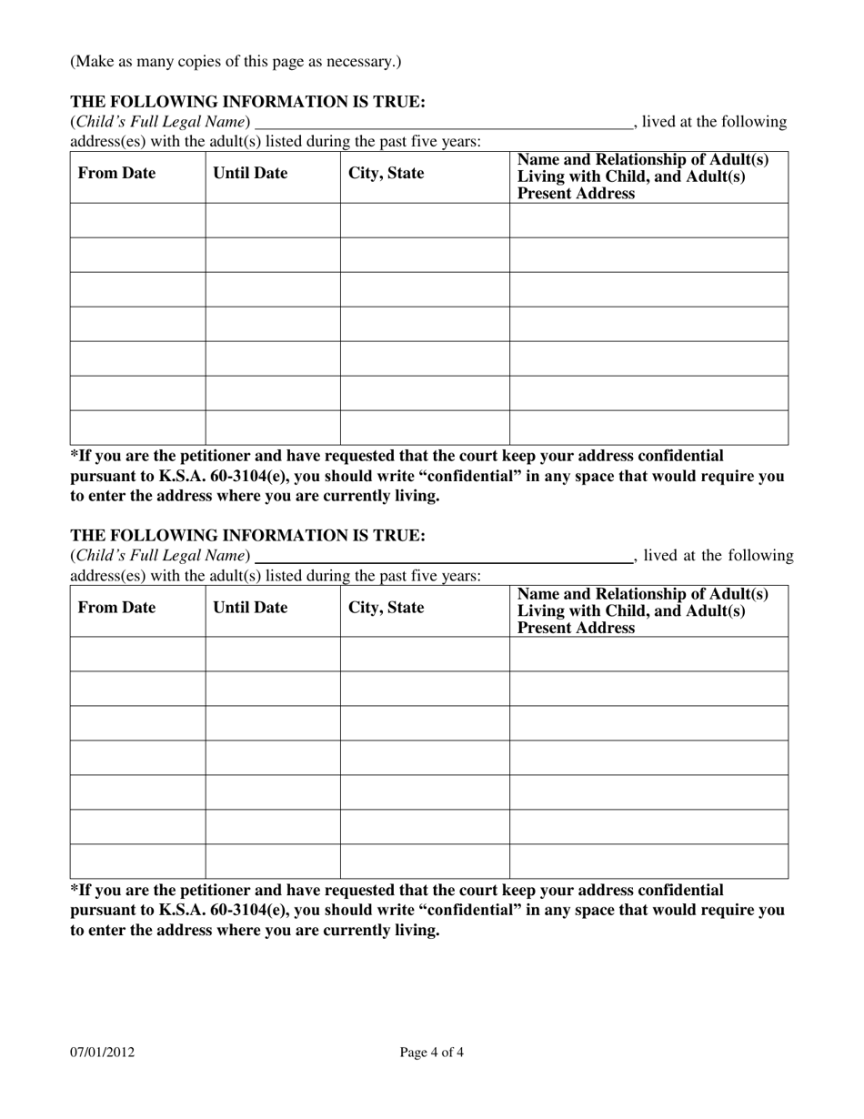 Uniform Child Custody Jurisdiction and Enforcement Act (Uccjea) Affidavit - Kansas, Page 4