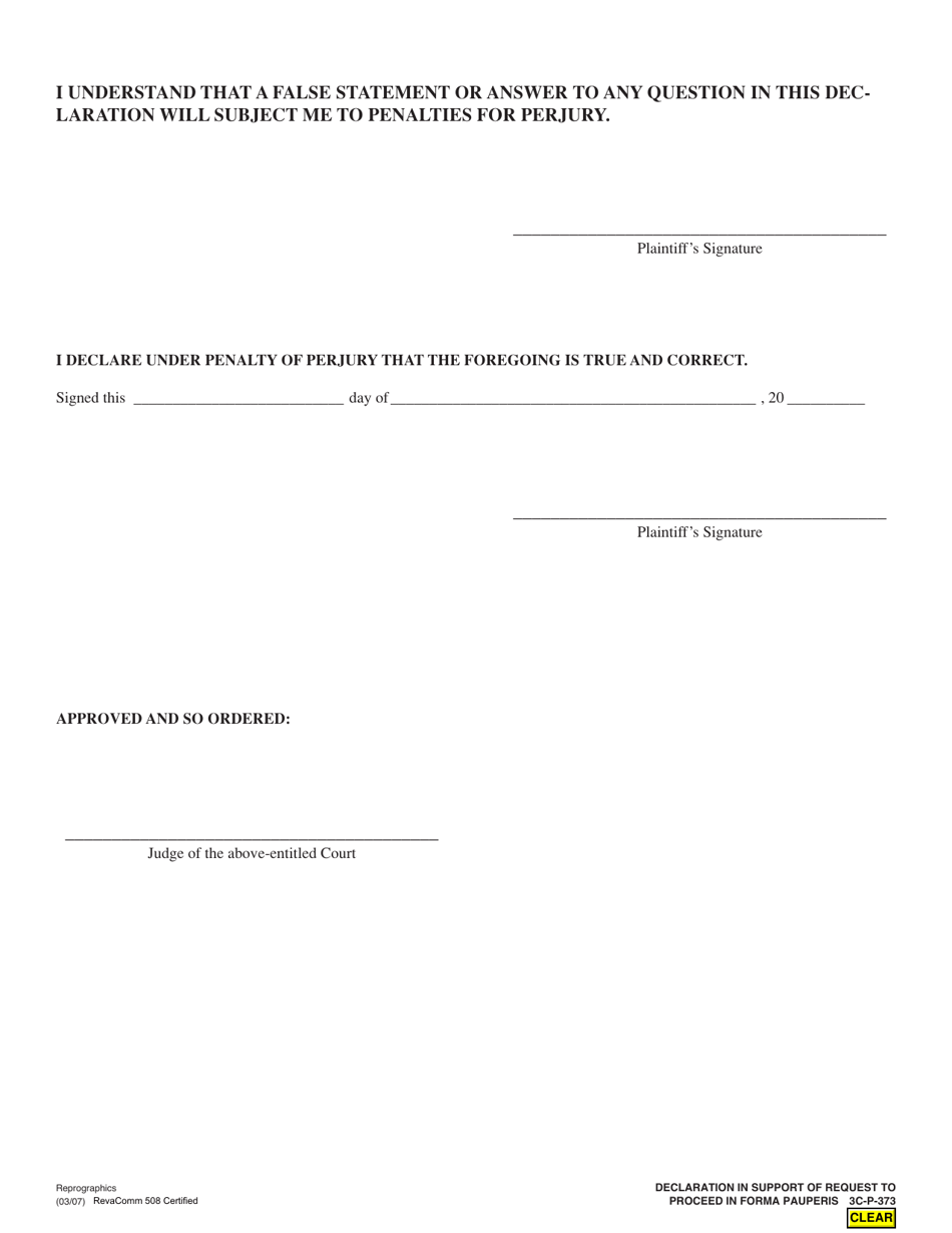 Form 3C-P-373 Declaration in Support of Request to Proceed in Forma Pauperis - Hawaii, Page 3