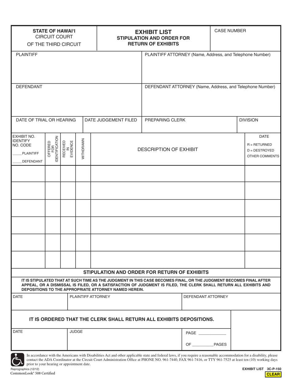 Form 3C-P-150 Exhibit List - Stipulation and Order for Return of Exhibits - Hawaii, Page 1