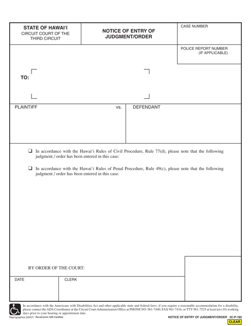 Form 3C-P-180 Notice of Entry of Judgment/Order - Hawaii